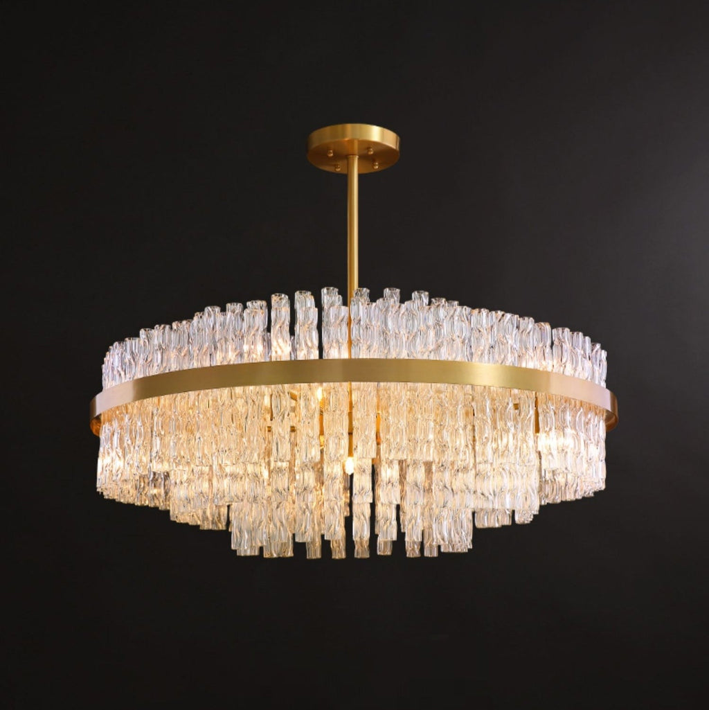 Elegant Brass Crystal Wave Tube Chandelier for Living Room Pure Copper Round Dining Table Ceiling Light / Lamp