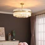 Elegant Brass Crystal Wave Tube Chandelier for Living Room Pure Copper Round Dining Table Ceiling Light / Lamp