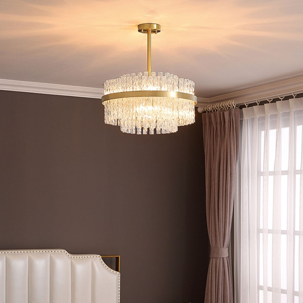 Elegant Brass Crystal Wave Tube Chandelier for Living Room Pure Copper Round Dining Table Ceiling Light / Lamp