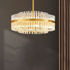 Elegant Brass Crystal Wave Tube Chandelier for Living Room Pure Copper Round Dining Table Ceiling Light / Lamp
