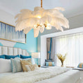 Elegant Ostrich Feather Brass Living Room Chandelier Pure Copper Ceiling Lighting for Women's Bedroom