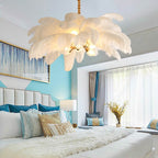 Elegant Ostrich Feather Brass Living Room Chandelier Pure Copper Ceiling Lighting for Women's Bedroom