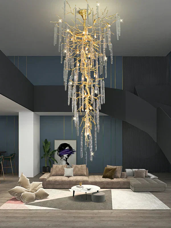 Extra Large Brass Tree Branch LED Chanderlier Crystal Bar Drops Ceiling Light for Foyer Living Room Hall