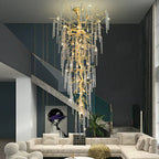 Extra Large Brass Tree Branch LED Chanderlier Crystal Bar Drops Ceiling Light for Foyer Living Room Hall