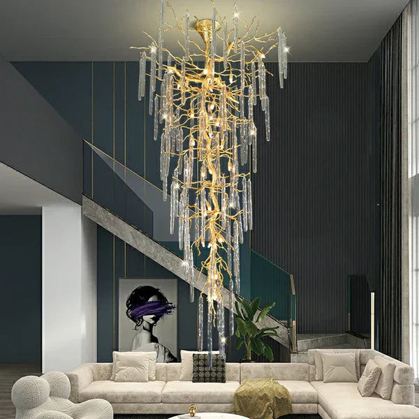 Extra Large Brass Tree Branch LED Chanderlier Crystal Bar Drops Ceiling Light for Foyer Living Room Hall