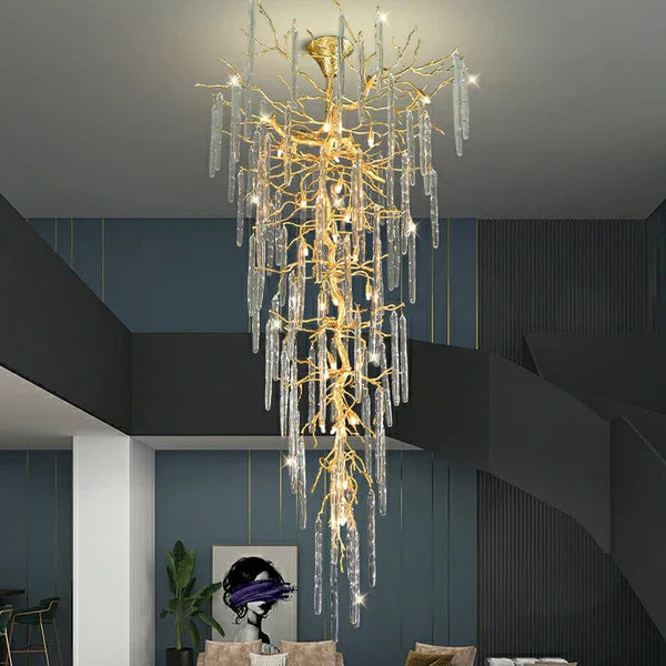 Extra Large Brass Tree Branch LED Chanderlier Crystal Bar Drops Ceiling Light for Foyer Living Room Hall