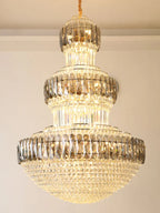 Golden Era Grand Cascade Round Chandelier with Smoky Gray & Clear K9 Crystal Finish for High Ceilings