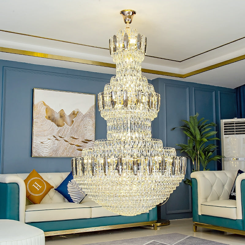 Golden Era Grand Cascade Fountain Smoky and Clear Crystal Chandelier for High-Ceiling