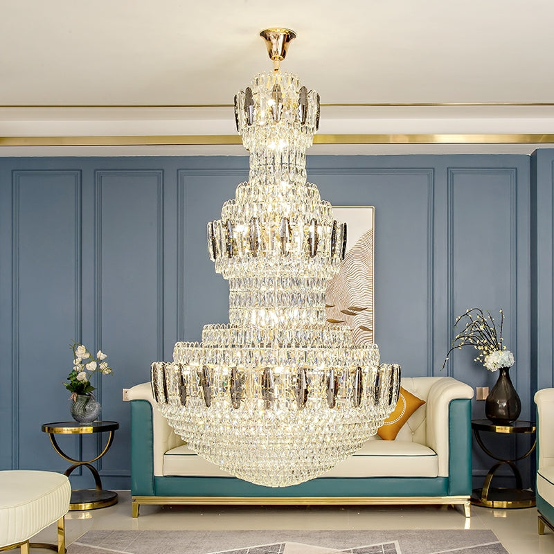 Golden Era Grand Cascade Fountain Smoky and Clear Crystal Chandelier for High-Ceiling