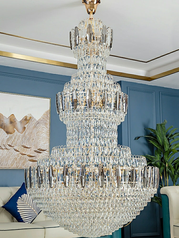 Golden Era Grand Cascade Fountain Smoky and Clear Crystal Chandelier for High-Ceiling