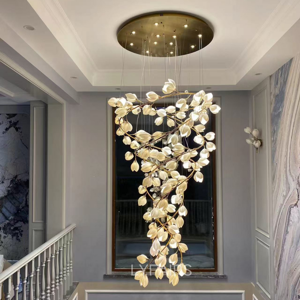 Spiral Pure White Magnolia Chandelier with Golden Branches for Staircase / high-Ceiling Space / foyer / Duplex