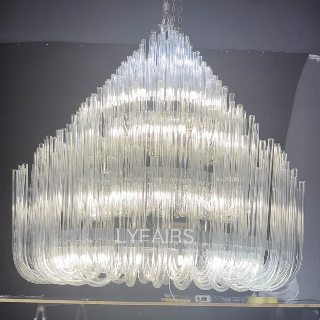 Extra Large Round Modern Chandelier with Clear Glass Tubes and Silver Metal Finish for Living Room Hotel Lobby