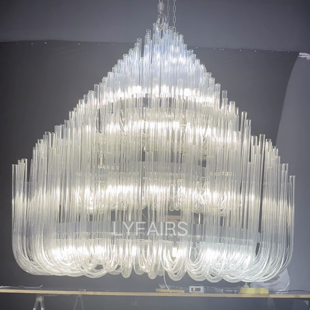 Extra Large Round Modern Chandelier with Clear Glass Tubes and Silver Metal Finish for Living Room Hotel Lobby
