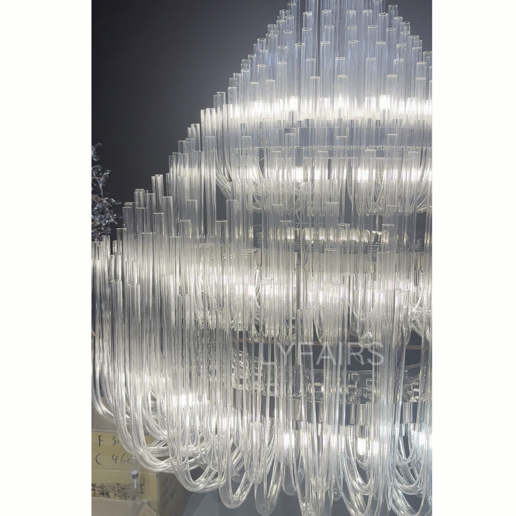 Extra Large Round Modern Chandelier with Clear Glass Tubes and Silver Metal Finish for Living Room Hotel Lobby