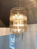 Modern Multi-Tier Champagne-Hued Glass Chandelier in Chrome Finish