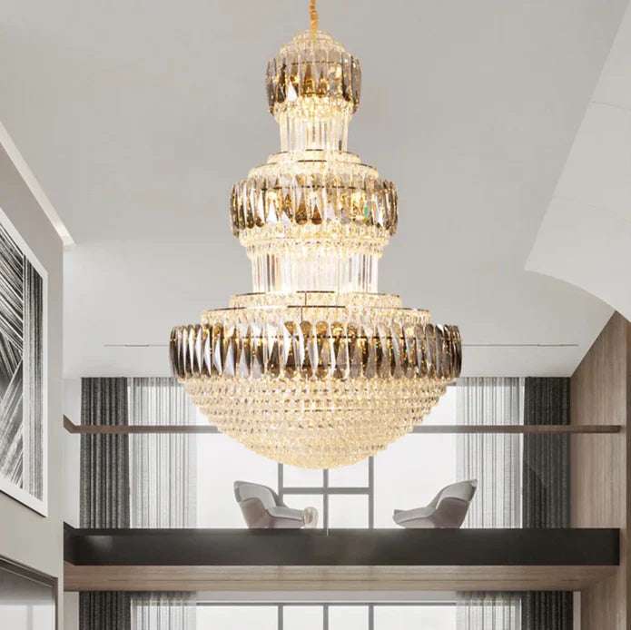 Golden Era Grand Cascade Round Chandelier with Smoky Gray & Clear K9 Crystal Finish for High Ceilings
