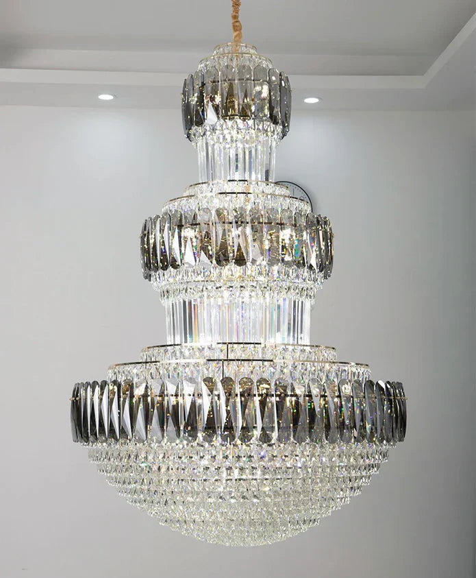 Golden Era Grand Cascade Round Chandelier with Smoky Gray & Clear K9 Crystal Finish for High Ceilings