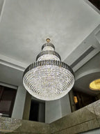 Golden Era Grand Cascade Round Chandelier with Smoky Gray & Clear K9 Crystal Finish for High Ceilings