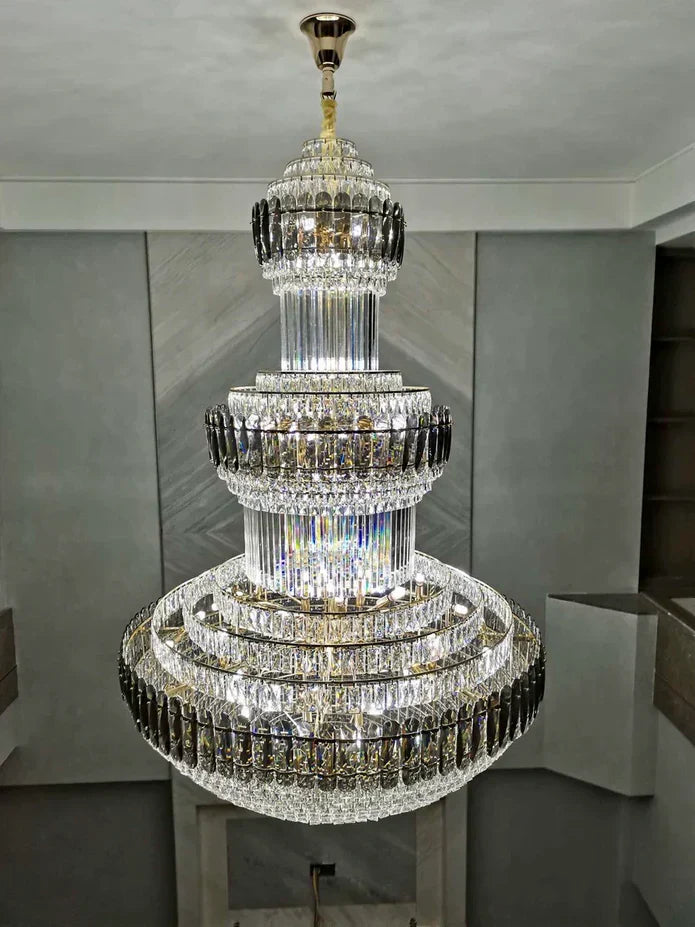 Golden Era Grand Cascade Round Chandelier with Smoky Gray & Clear K9 Crystal Finish for High Ceilings