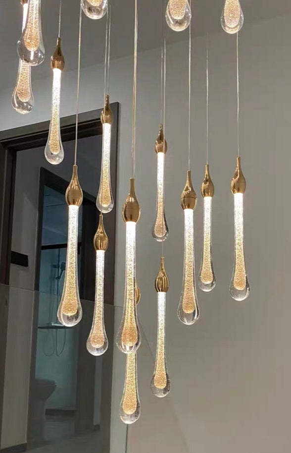 Gold Finish Glass Drops Pendant Chandelier Spiral Staircase Light with High-Quality Crystal