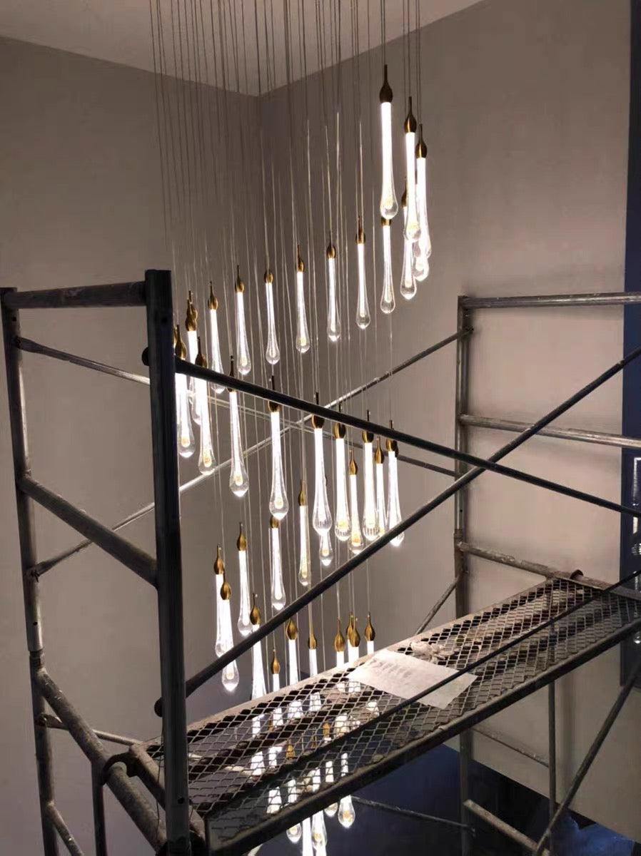 Gold Finish Glass Drops Pendant Chandelier Spiral Staircase Light with High-Quality Crystal