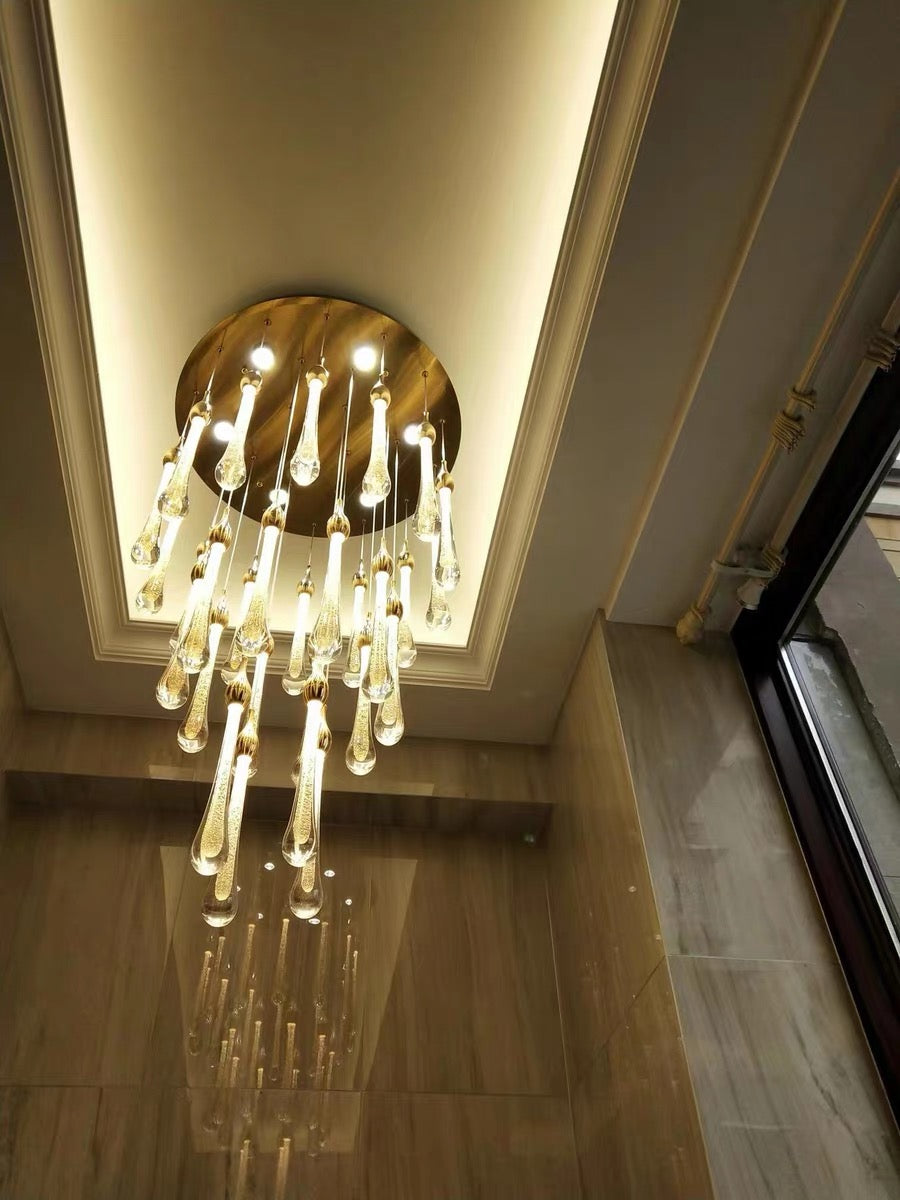 Gold Finish Glass Drops Pendant Chandelier Spiral Staircase Light with High-Quality Crystal