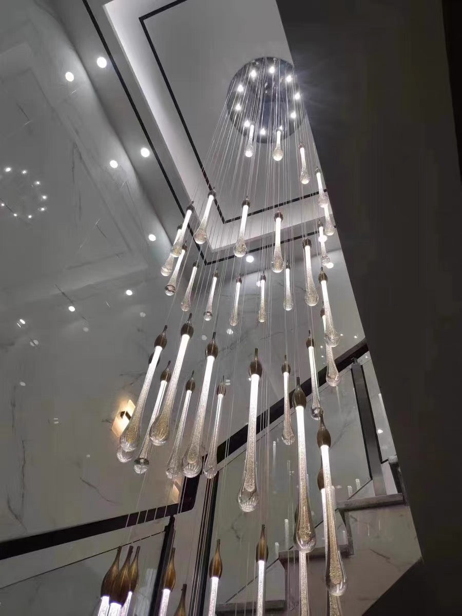 Gold Finish Glass Drops Pendant Chandelier Spiral Staircase Light with High-Quality Crystal
