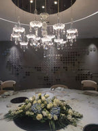French Romantic Crystal and Glass Candle Chandelier Pendant Light with Metal Finish for Living Room Dining