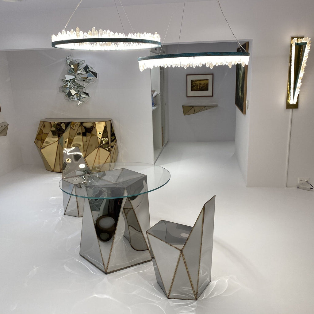 Modern Round Chandelier with Brass / black Finish and Natural Quartz Crystals