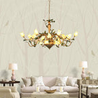 Vintage European Country Style Tulip Flower Chandelier with Brass Finish Wrought Iron Frame for Dining and