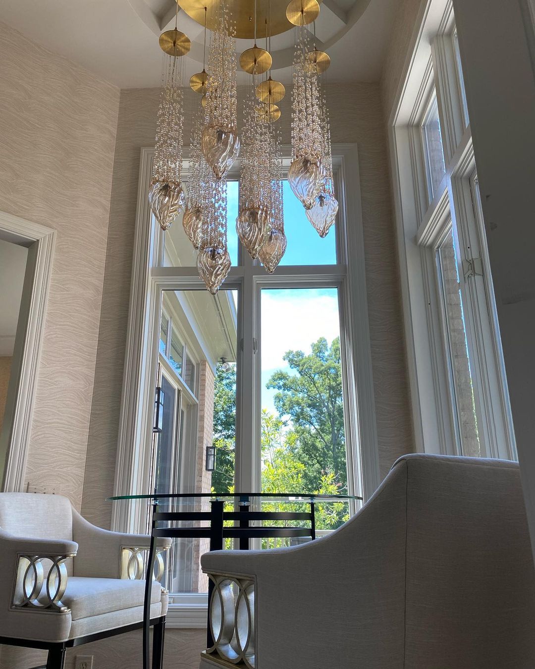 Modern Floating Blown Amber Glass Chandelier for High-Ceiling