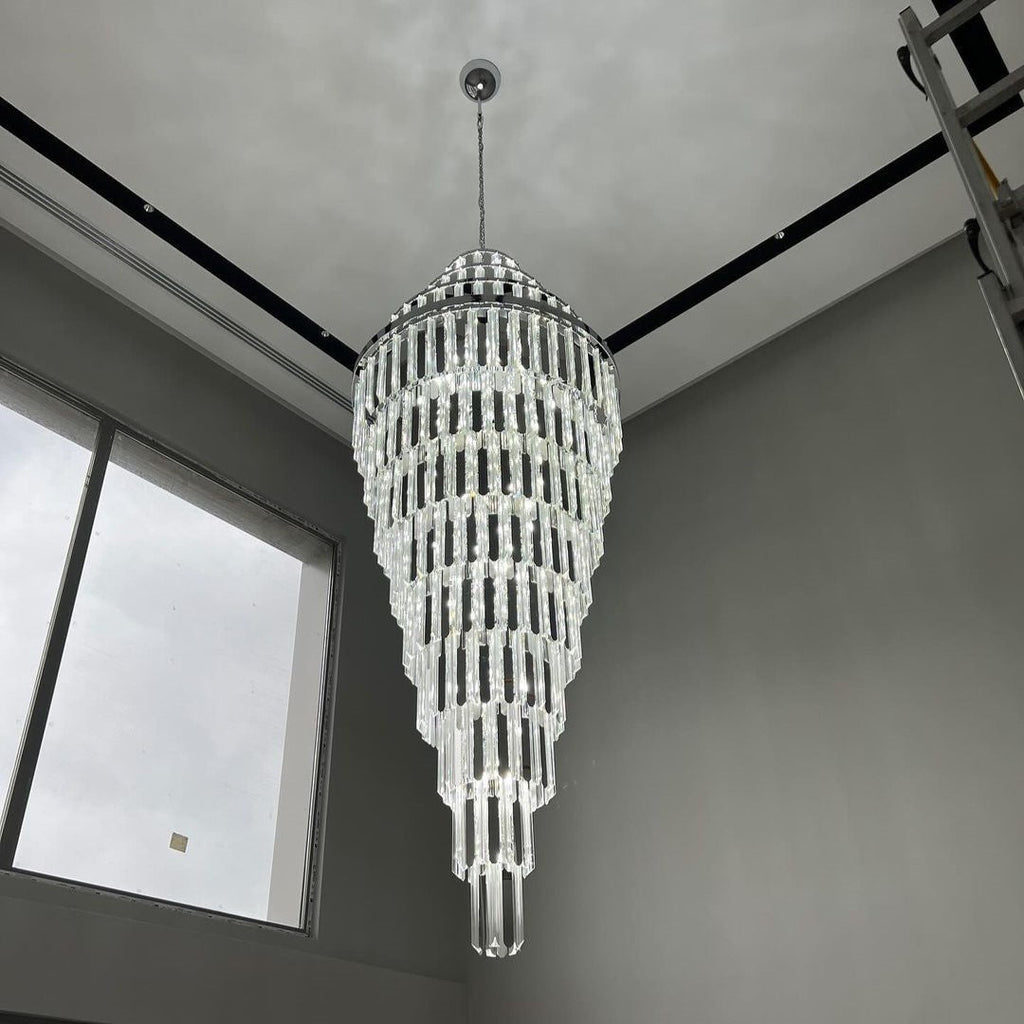 Extra Large Modern Pyramid-Shape Crystal Chandelier for High-Ceiling