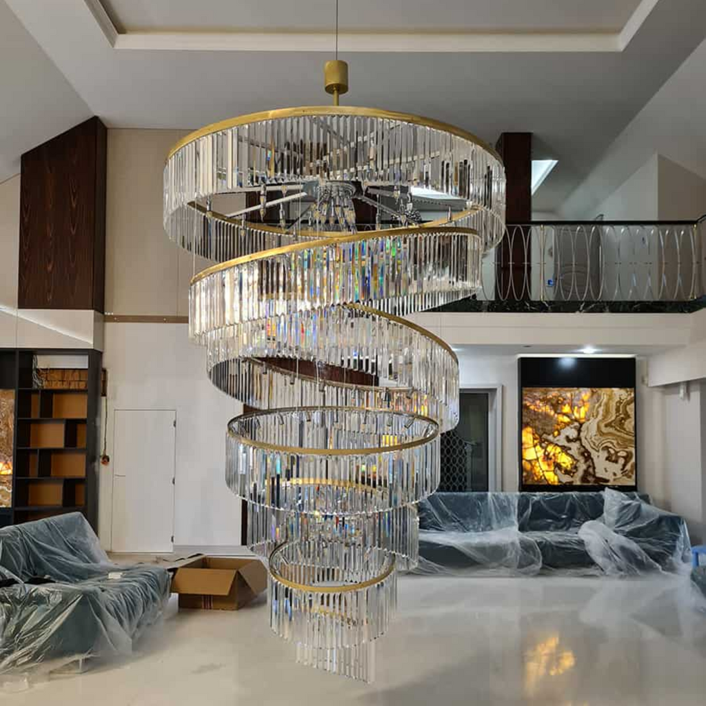 Luxury Floating Crystal Rings Chandelier in Gold Finish for High-Ceiling