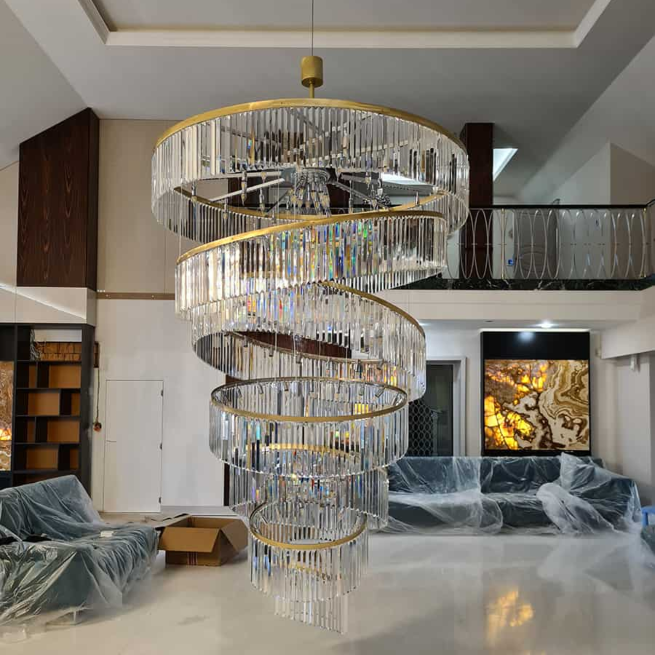 Luxury Floating Crystal Rings Chandelier in Gold Finish for High-Ceiling