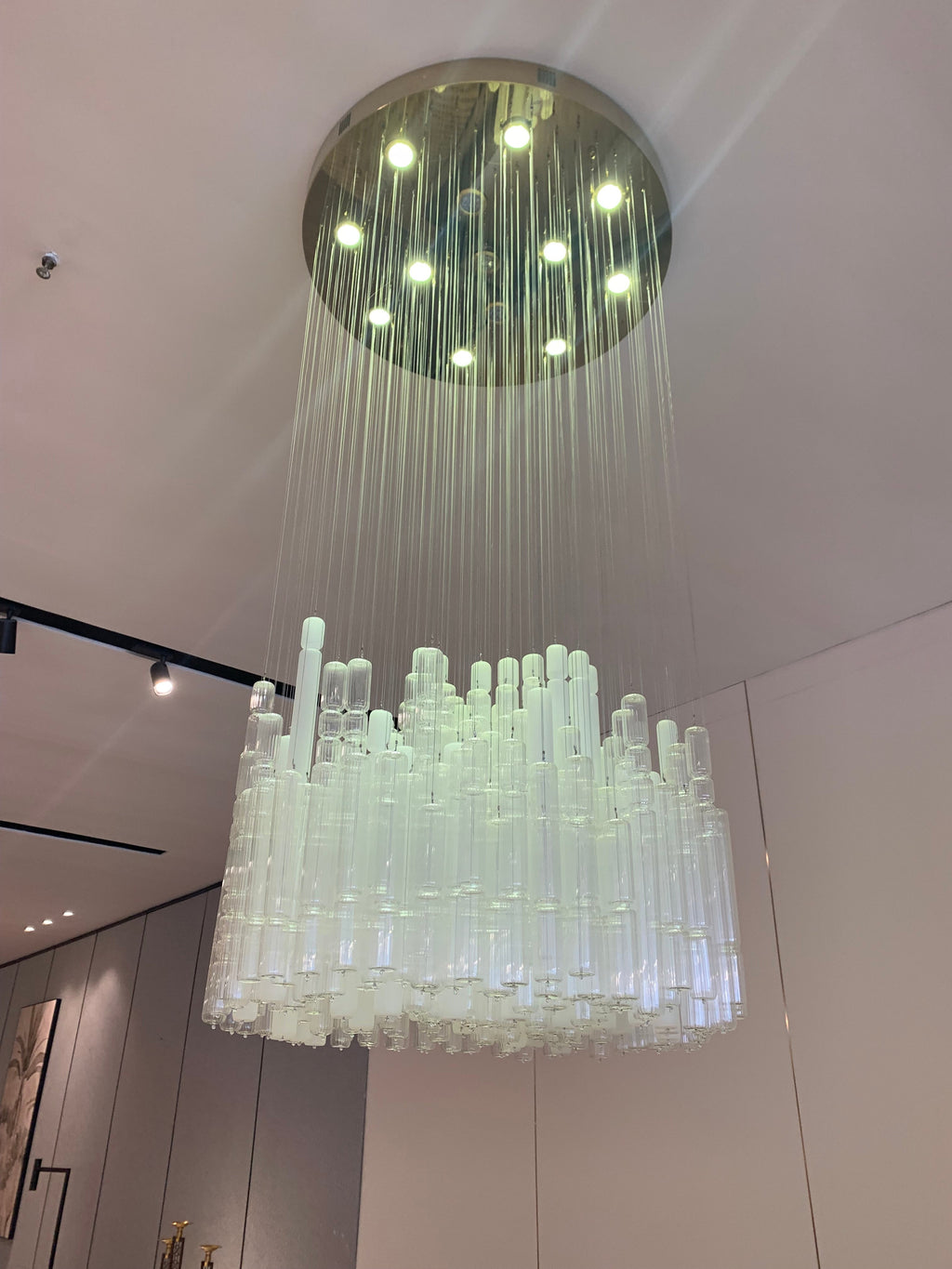 Modern Tube Chandelier with White & Transparent Glass Finish – Quality Metal & Glass Design