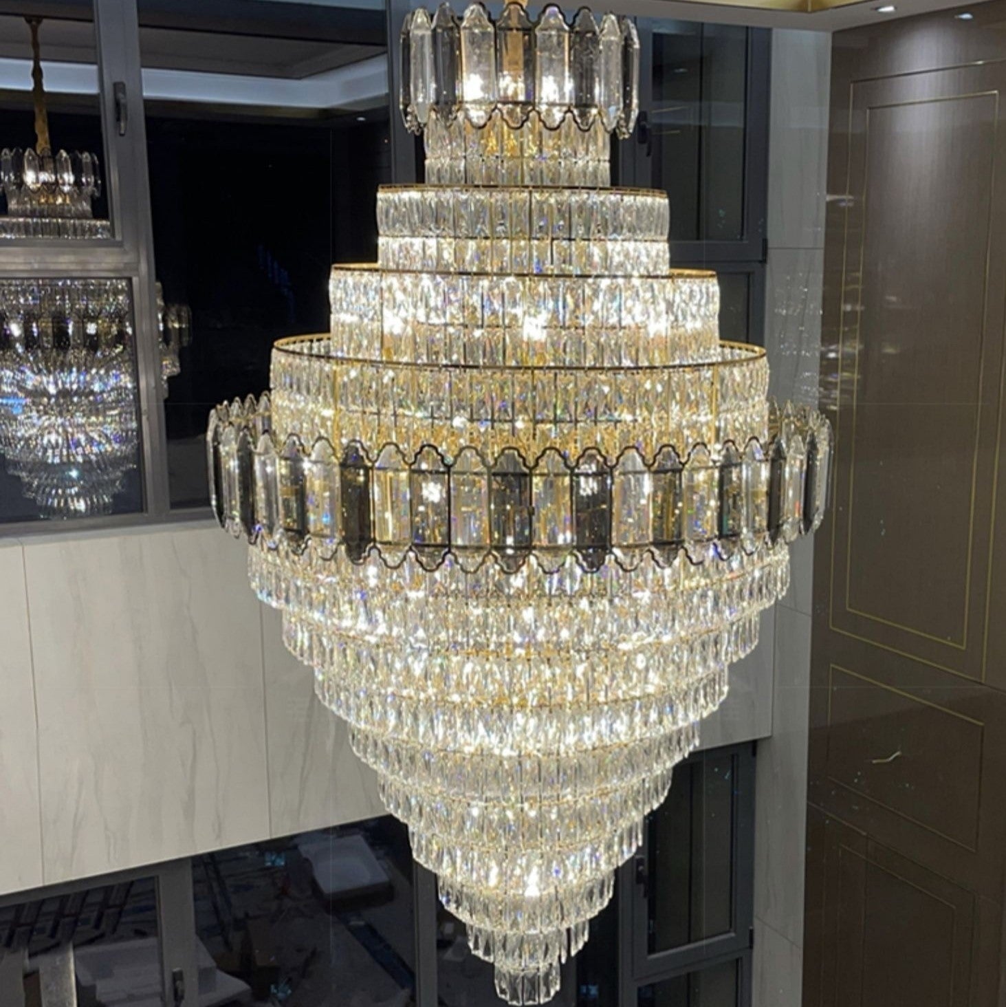 Large Staircase Crystal Chandelier Living Room Ceiling Light for Hotel Entrance in Gold Finish