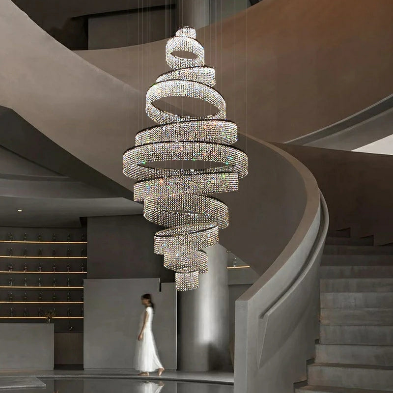 Long Crystal Tassel Rings Chandelier Extra Large Living Room Staircase High Ceiling Lighting