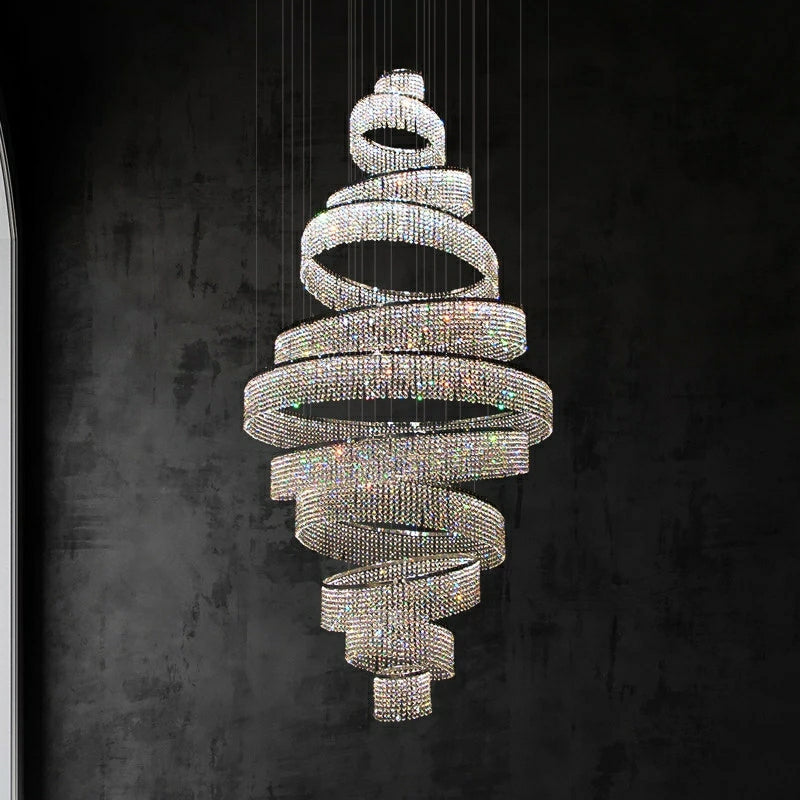 Long Crystal Tassel Rings Chandelier Extra Large Living Room Staircase High Ceiling Lighting