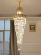 Luxury Gold Trimmed Long Crystal Chandelier Foyer Staircase Extra Large Ceiling Light