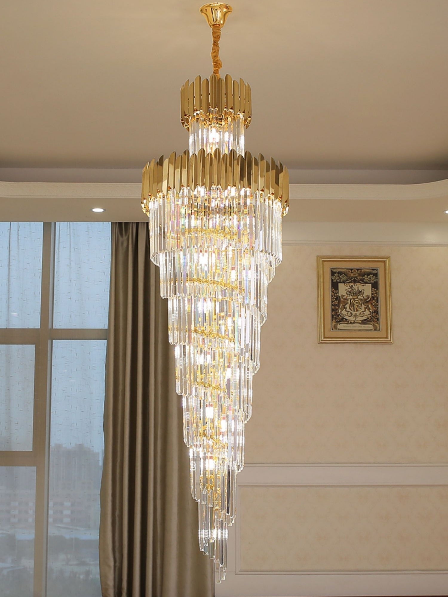 Luxury Gold Trimmed Long Crystal Chandelier Foyer Staircase Extra Large Ceiling Light