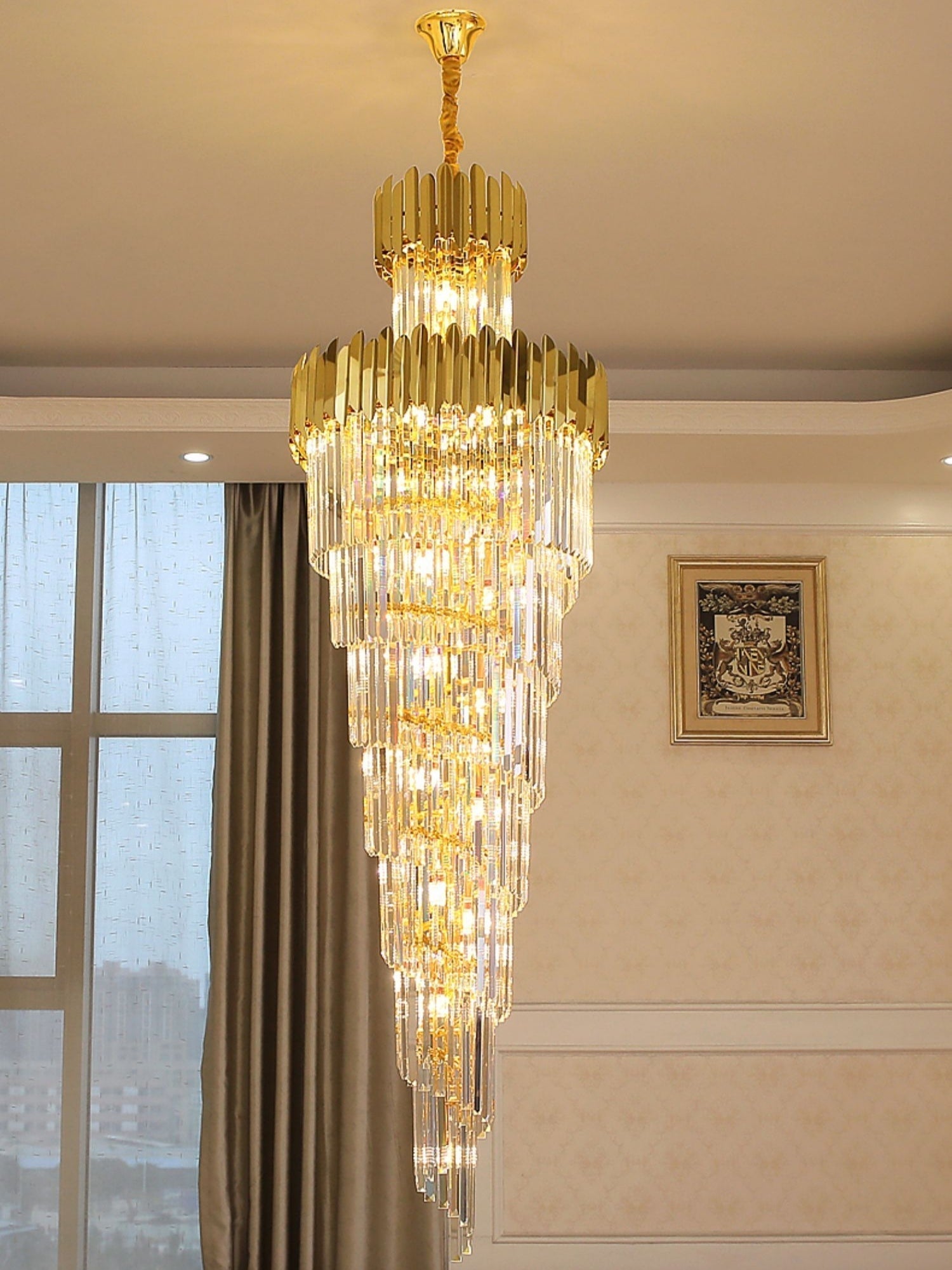 Luxury Gold Trimmed Long Crystal Chandelier Foyer Staircase Extra Large Ceiling Light
