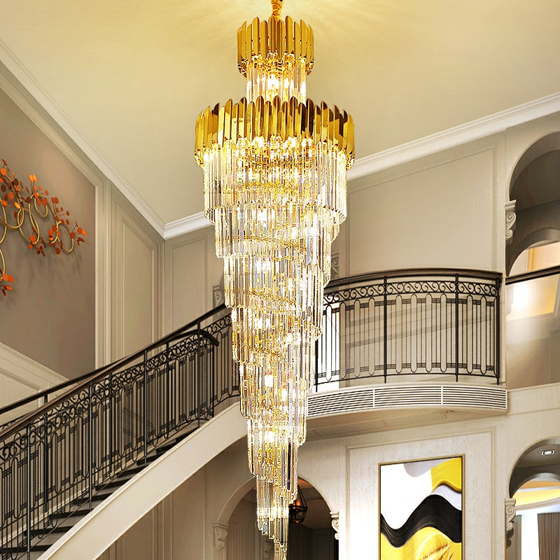 Luxury Gold Trimmed Long Crystal Chandelier Foyer Staircase Extra Large Ceiling Light
