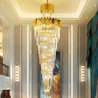 Luxury Gold Trimmed Long Crystal Chandelier Foyer Staircase Extra Large Ceiling Light