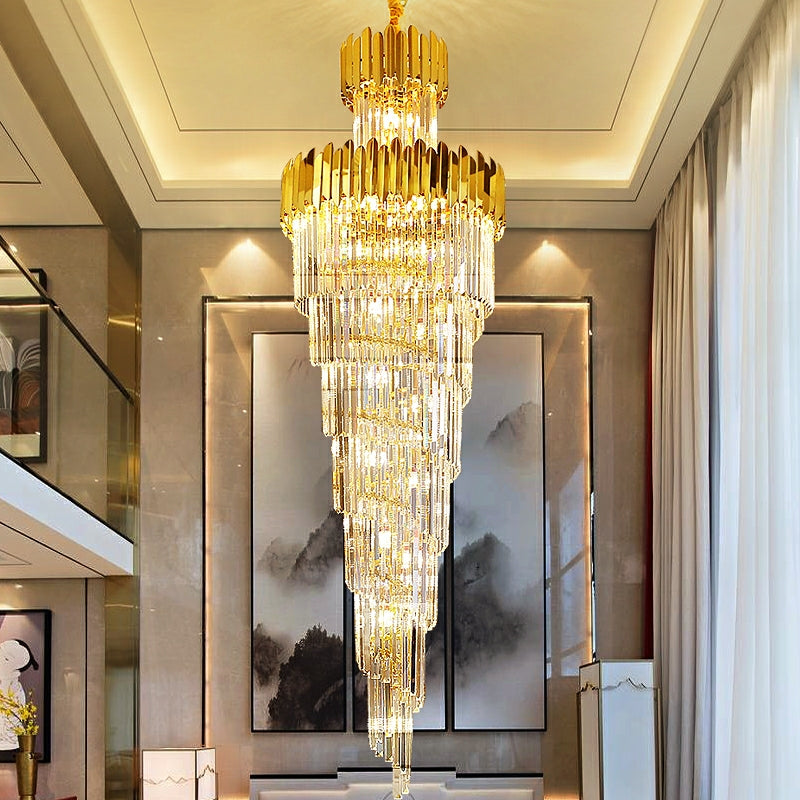 Luxury Gold Trimmed Long Crystal Chandelier Foyer Staircase Extra Large Ceiling Light