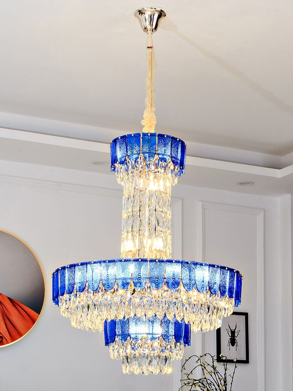 Modern Funnel Crystal and Metal Chandelier with Amber, Gray, and Blue Edges for Low Ceilings
