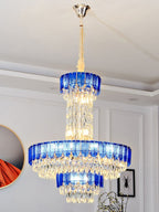 Modern Funnel Crystal and Metal Chandelier with Amber, Gray, and Blue Edges for Low Ceilings