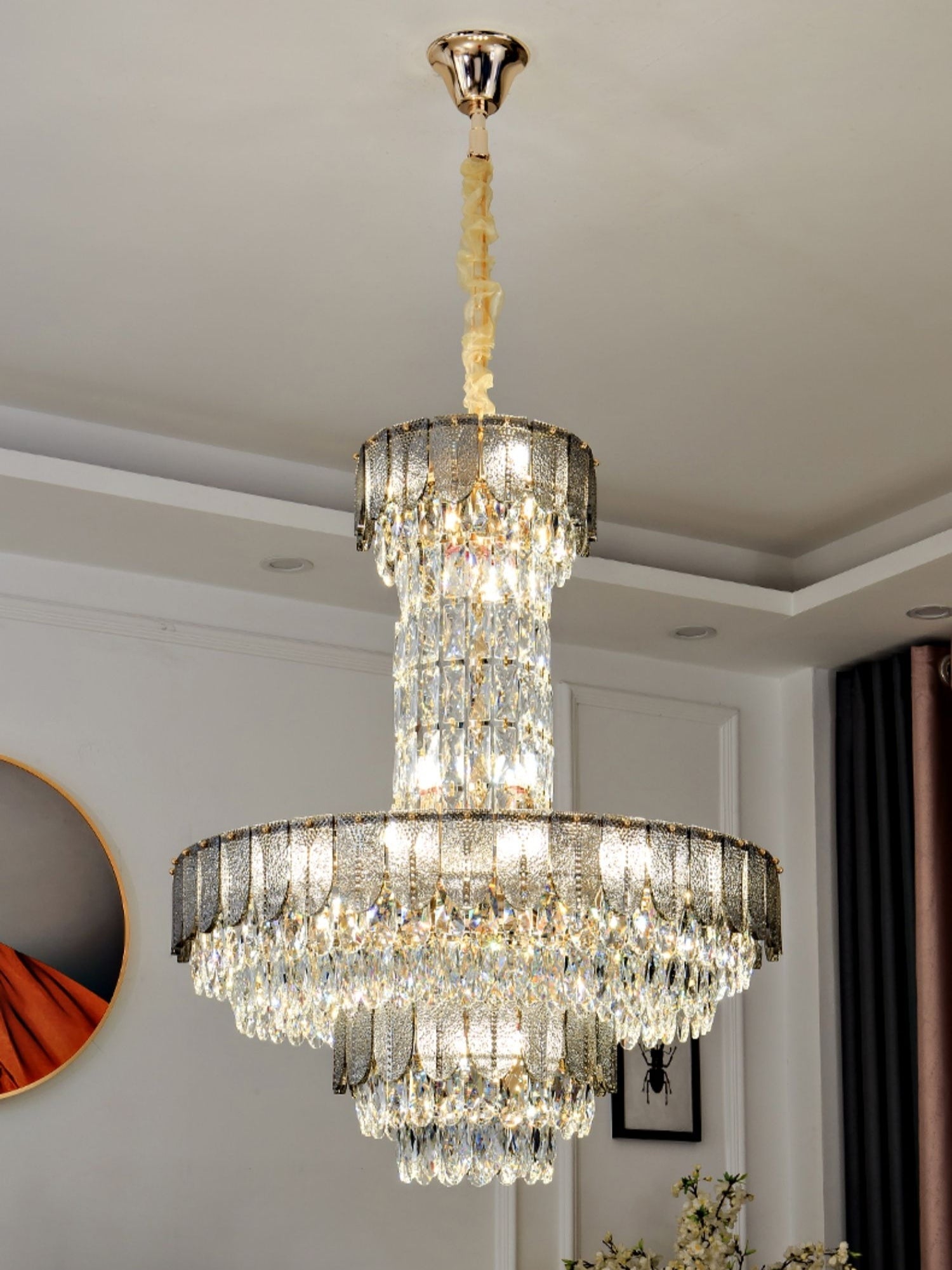 Modern Funnel Crystal and Metal Chandelier with Amber, Gray, and Blue Edges for Low Ceilings