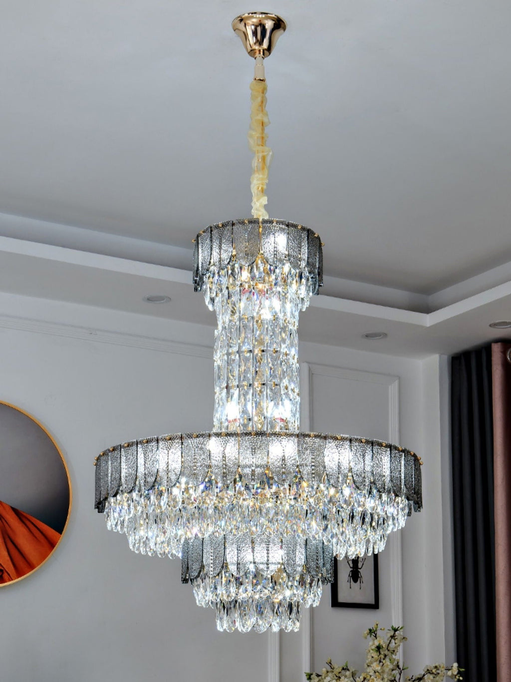 Modern Funnel Crystal and Metal Chandelier with Amber, Gray, and Blue Edges for Low Ceilings