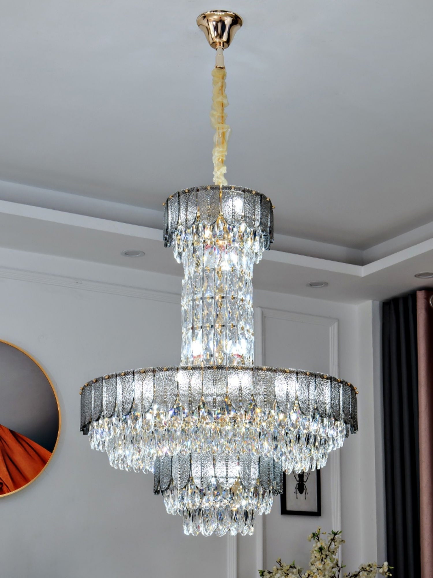 Modern Funnel Crystal and Metal Chandelier with Amber, Gray, and Blue Edges for Low Ceilings