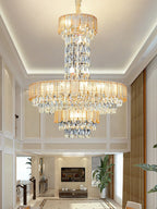 Modern Funnel Crystal and Metal Chandelier with Amber, Gray, and Blue Edges for Low Ceilings